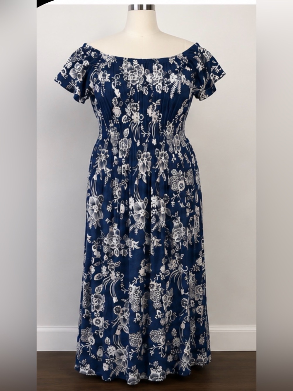 Kindred by Anthropologie Blue & White Floral Off-Shoulder Maxi Dress NWT 2X